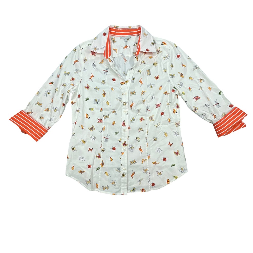 Hinson Wu White Butterfly Bee Print Striped Cuff Button Down Shirt Womens 10